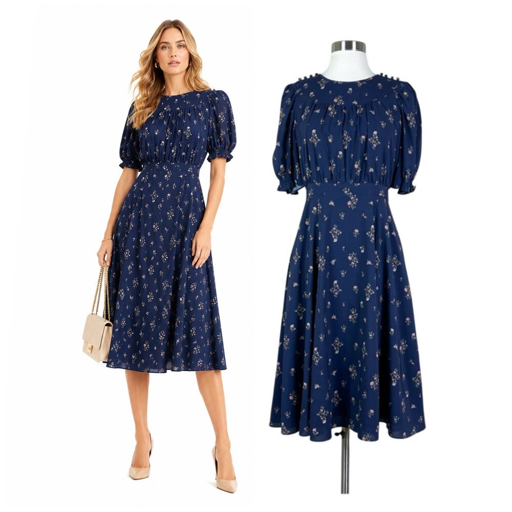 Gal Meets Glam | Emily Blue Floral Puff Sleeve Fit Flare Elegant Midi Dress 2